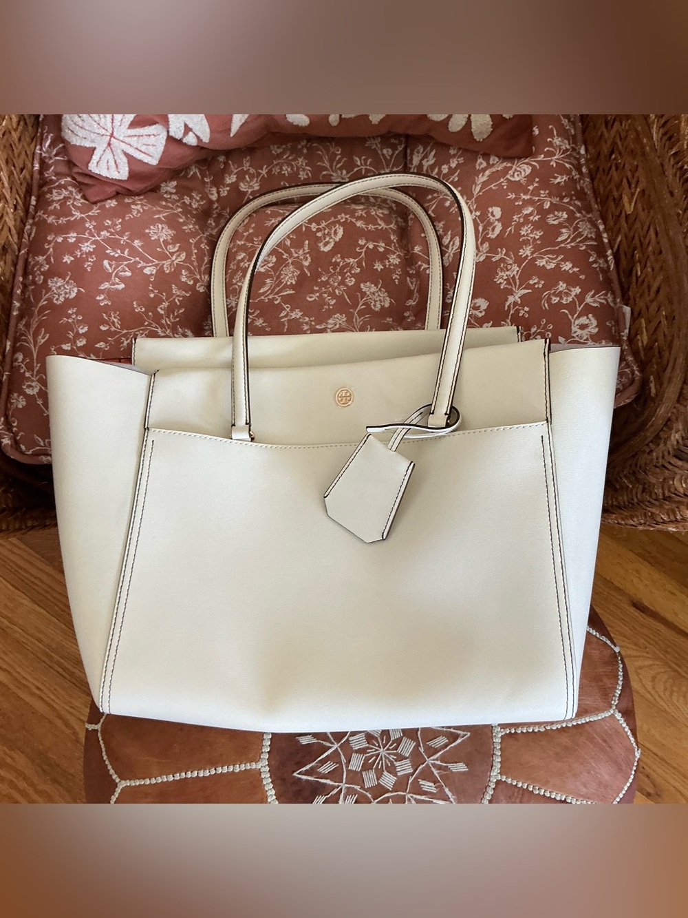 Tory Burch Ivory Leather Structured ‘Parker’ Tote